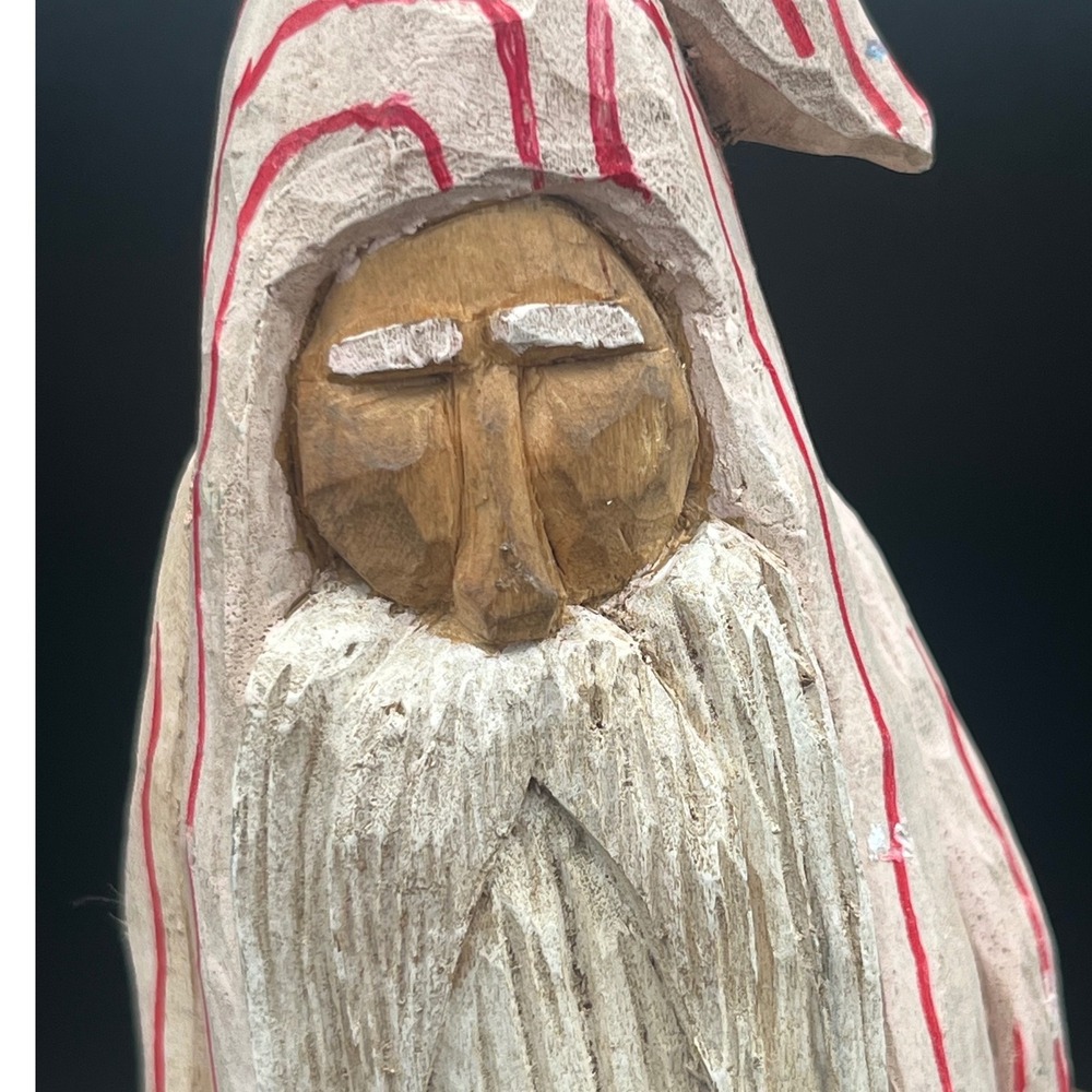 Vintage 1999 Hand Carved Wood Mooning Santa Figurine Folk Art Striped Nightgown - Picture 5 of 7